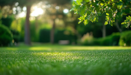 Tranquil Nature Park Featuring a Lush Green Lawn Beneath a Beautiful Sun-Dappled Tree Canopyの素材