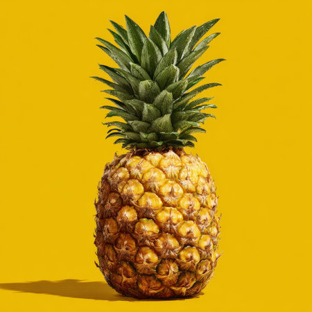 Vibrant Still Life of a Striking Pineapple on a Golden Hue Background with Unique Texturesの素材
