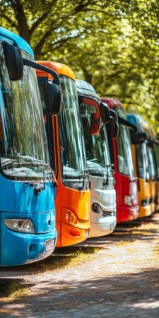 A Row of Colorful Buses Parked in an Urban Setting, Showcasing Diverse Public Transportation Optionsの素材