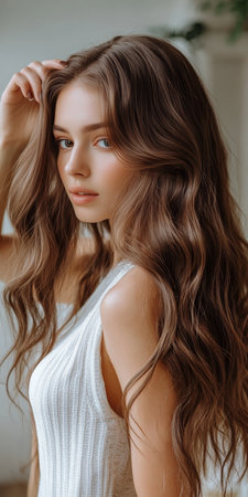 Elegant and Glamorous Portrait of a Charming Brunette Woman with Radiant Makeup and Long Hairの素材
