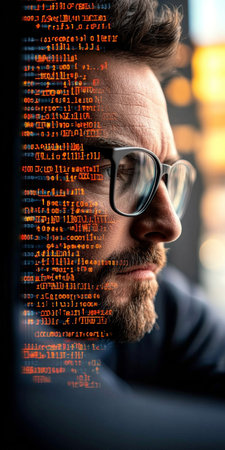 Cybersecurity Specialist in Glasses Analyzing Binary Code on Computer Screen for Developmentの素材