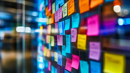 Creative Team Collaboration with Colorful Memos on Glass Pane for Brainstorming and Idea Developmentの素材