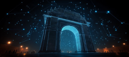 India Gate Illuminated at Night with Digital Blue Grid and Urban Silhouette Figures in New Delhiの素材