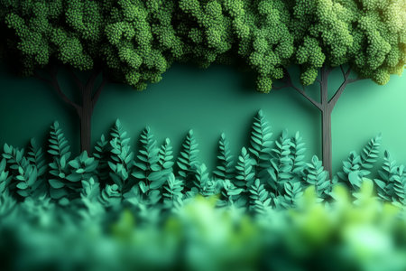 Lush Green Botanical Garden Background with Trees and Ferns for Ecological Awareness Presentationsの素材