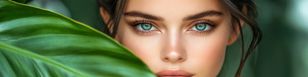 Captivating Portrait of a Woman in Lush Greenery, Emphasizing Her Radiant Skin and Elegant Makeupの素材
