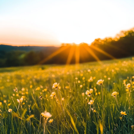 Vibrant Field of Wildflowers at Sunset, Bathed in Warm Golden Light During the Dreamy Golden Hourの素材