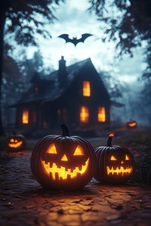 Eerie Halloween Night with Glowing Pumpkins, Haunted House, Bats, and Spooky Forest Landscapeの素材
