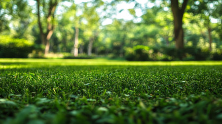 A Beautifully Maintained Lush Green Lawn Surrounded by Trees with Soft Focus Sunlight for Relaxationの素材