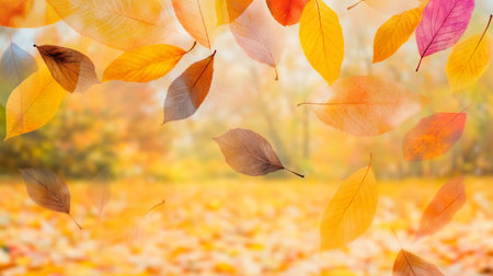 Whimsical Autumnal Scene Colorful Falling Leaves in Tranquil Woods of a Picturesque Wonderlandの素材