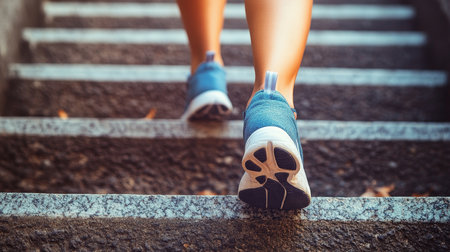 Upward Climb A Woman s Inspiring Journey Up the Stairs Symbolizing Progress and Achievementの素材