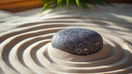 Serene Zen Garden Featuring a Round Stone Nestled in Perfectly Raked Symmetrical Sand Patternsの素材