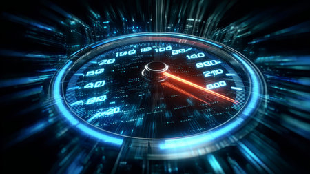 Speedometer Concept Illustrating Internet Speed Levels, Data Rates, and System Performance Metricsの素材