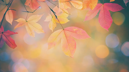 Stunning Autumn Leaves Falling Gently in a Vibrant Bokeh Background of Warm, Rich Colorsの素材