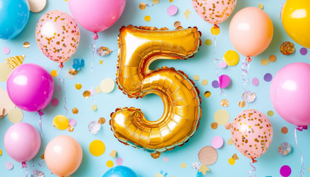Fifth Birthday Celebration with a Golden 5 Balloon Surrounded by Colorful Balloons and Confettiの素材