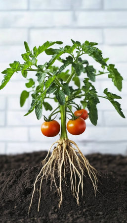 Vibrant Tomato Bush with Abundant Fruits and Strong Roots Against a White Brick Wall Backgroundの素材
