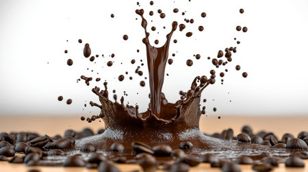 Intense Coffee Burst with Aromatic Beans in a Rich Liquid Dynamic Splash on Brown Tones Backgroundの素材