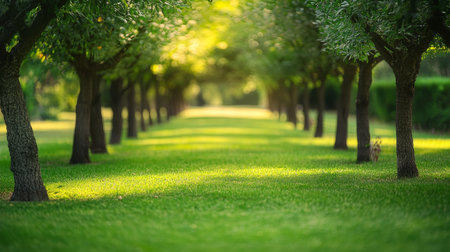 Serene Pathway Through Lush Green Trees Under Bright Sunlight, Inviting Summer Calm and Tranquilityの素材
