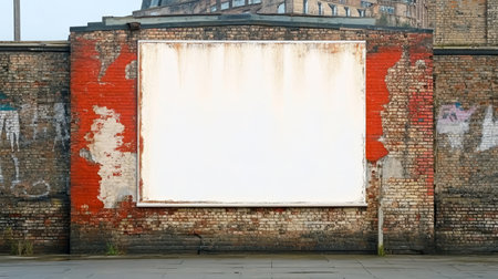 Weathered advertisement surface featuring aged structure with red areas, urban industrial backdropの素材