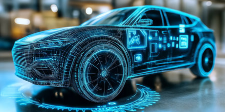 Futuristic Automotive Technology Design Featuring Electric Car with Holographic Display in Garageの素材