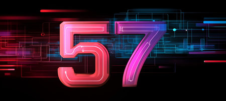 Futuristic Number Fifty Seven Design with Glowing Edge and Abstract Hi-Tech Background in Neon Styleの素材