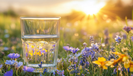 A Beautiful Glass of Fresh Water Placed on a Meadow Surrounded by Colorful Flowers and Natureの素材