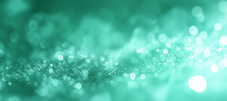 Enchanting Mint Green Festive Bokeh Background with Sparkling Light Confetti and Teal Circlesの素材