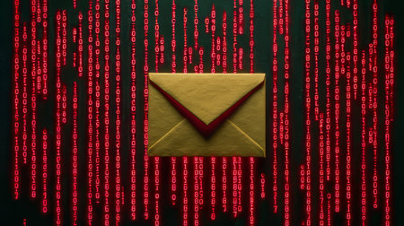 Mysterious Email Encounter Dark Envelope Surrounded by Glitching Binary Code Signaling Dangerの素材