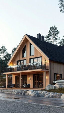 Modern Scandinavian Style Eco-Friendly Home with Natural Wood Exterior and Black Gable Roof Designの素材