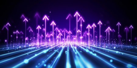 Neon Arrows Ascending on Digital Network Background, Representing Progress and Future Growthの素材
