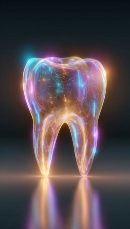 Advanced Luminescent Dental Hygiene Molar Image Showcasing Cutting-Edge Technology for Future Healthの素材