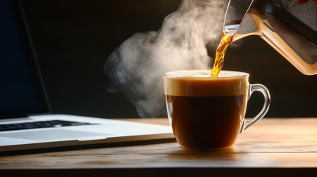 Cozy Home Office Morning Freshly Brewed Coffee in a Mug Next to a Laptop on a Wooden Deskの素材