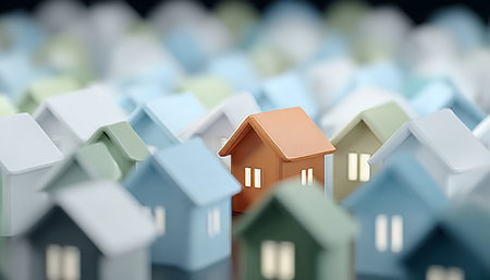 Suburban Neighborhood Diversity Unique Houses in Pastel Hues Showcasing Real Estate Market Trendsの素材