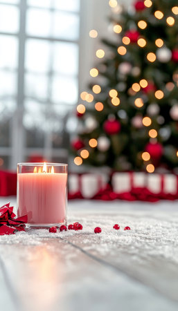 A Cozy Christmas Scene with Festive Candle, Snowflakes, and Warm Glow of Holiday Cheer Indoorsの素材