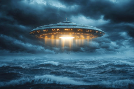 Dramatic Encounter at Sea Unidentified Shining Flying Object Radiating Mysterious Beam Over Waterの素材