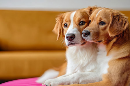 Two Affectionate Dogs Cuddling Together on a Cozy Couch Under a Bright Sunny Window, Happy Petsの素材