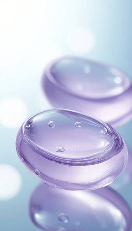 Close-Up of Gel Drops on Clear Liquid Background Highlighting Hyaluronic Essence and Smooth Textureの素材