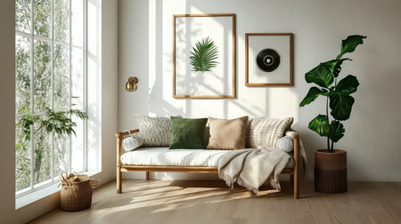 Scandinavian Design Bright White Living Room with Cozy Sofa, Green Tropical Plants, and Decorの素材