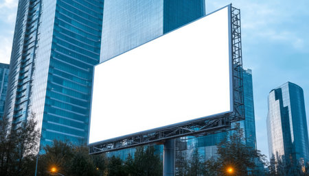 Blank Horizontal Advertising Mockup for Product Promotion in Urban Cityscape with Modern Buildingsの素材