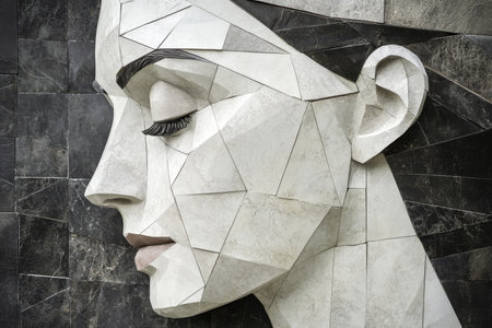 Geometric Portrait of a Woman with Closed Eyes on a Stone Wall, Abstract Beauty and Serenityの素材