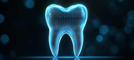 Futuristic Dental Care Illustration with Glowing Holographic Tooth and Advanced Technology Designの素材