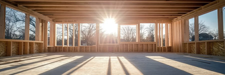 New Construction Building Frame with Lumber and Wood Used, Interior View, Sunlight Streaming Inの素材
