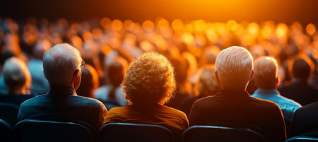 Audience Captivated by Dramatic Stage Performance, Warmly Lit Theater Engaging Spectators Emotionsの素材