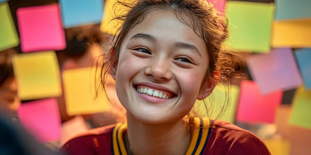 Smiling Young Asian Student Collaborating with Friends on Colorful School Project Wall of Ideasの素材