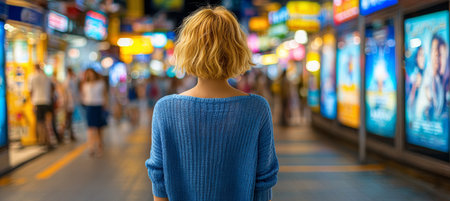 A female walking in an illuminated urban space filled with posters and vibrant nightlife atmosphere.の素材
