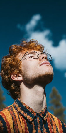 Young Man with Orange Hair Enjoying the Sunny Day Under a Clear Blue Sky, Embracing Freedom and Joyの素材