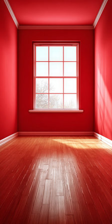 Bright red room with contemporary design, central window, and polished floor for presentations.の素材