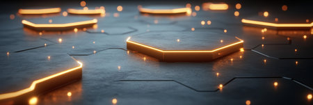 Futuristic Tech Interface with Glowing Hexagons on Dark Surface, Geometric Patterns and Designsの素材