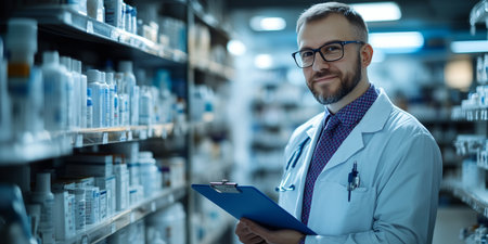 Smiling pharmacy professional reviews medication inventory with clipboard in retail pharmacy store.の素材