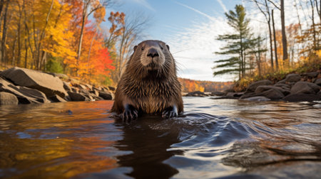 A Captivating Beaver Swimming Gracefully in Autumn s Vibrant Colors, Surrounded by Nature s Beautyの素材