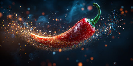 Vibrant Red Chili Peppers Ignite Culinary Imagination with Spicy Fireworks on Dark Stageの素材